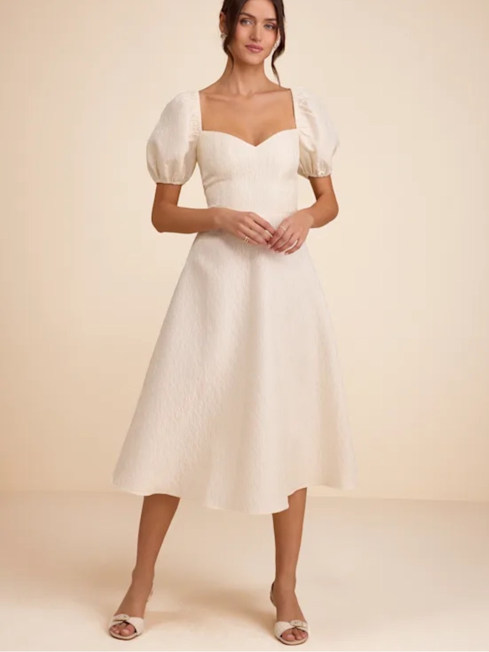 NWT Melly Ivory Textured Jacquard Puff Sleeve Midi Dress SIZE S